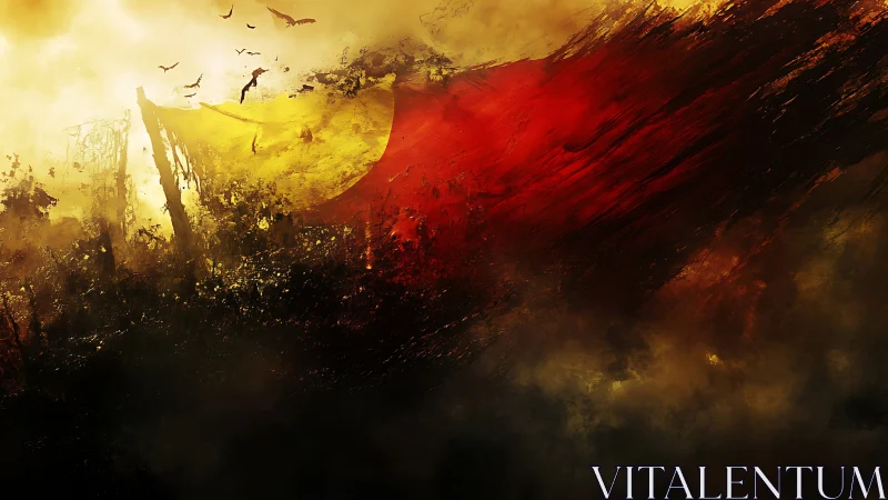 War-torn crimson banner in golden storm-swept battlefield sky.