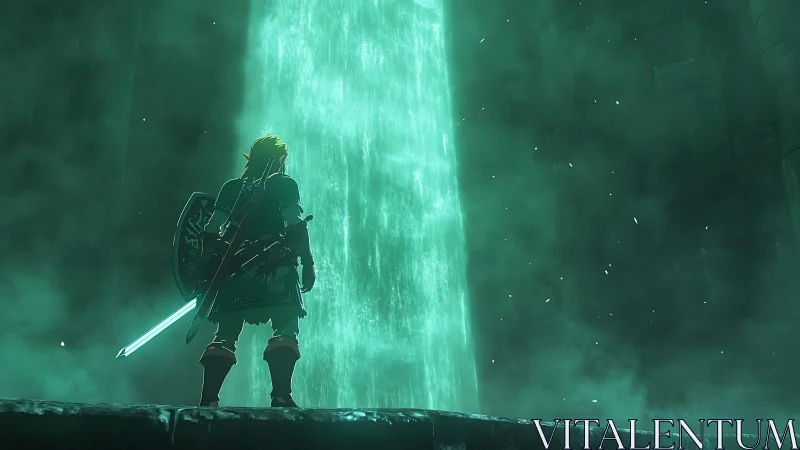 Armored hero facing towering emerald energy cascade.