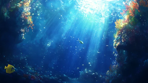 Sunlit coral canyon with schooling fish in deep blue sea.