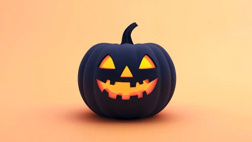 Black jack o lantern pumpkin on plain orange studio background.