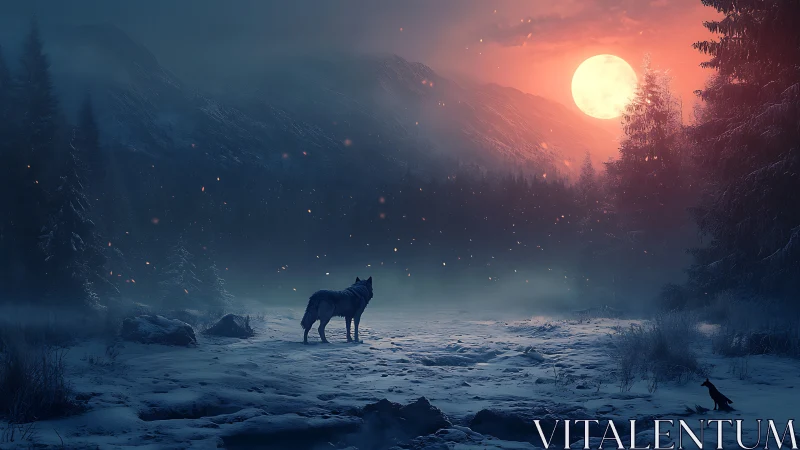 Lone wolf gazes at ember moon over whispering snow forest.