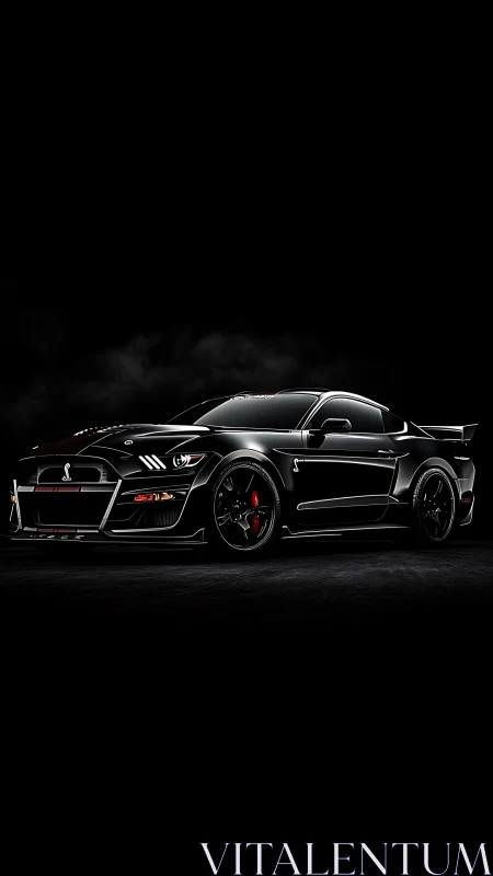 Midnight black muscle car glowing in the shadows.