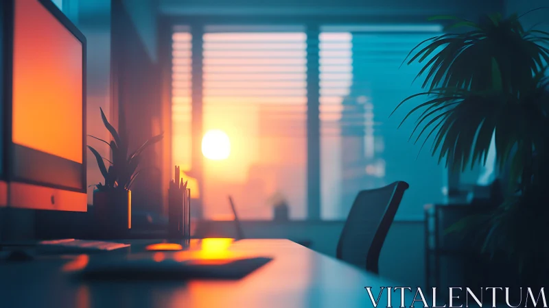 Sunlit modern office desk with computer and plants.