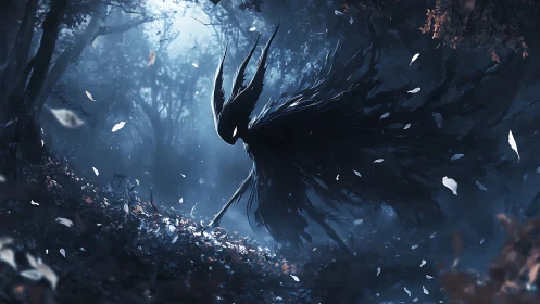 Shadow wraith advances through moonlit spectral forest corridor