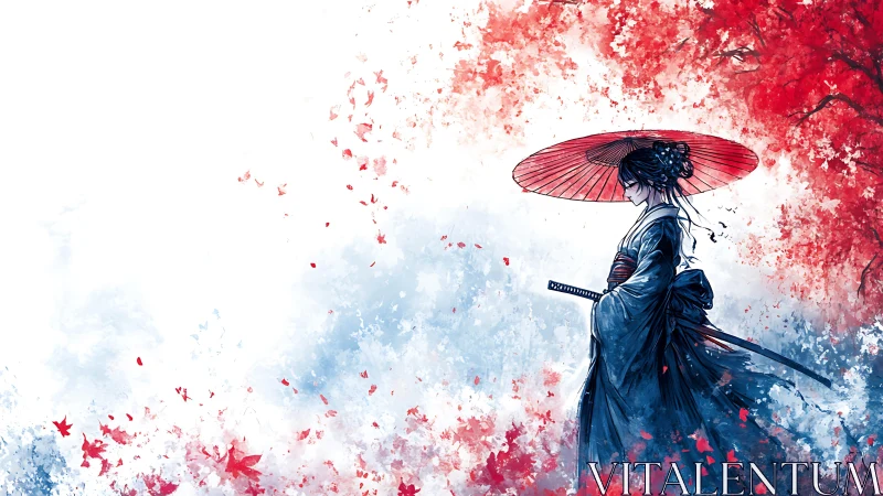 Samurai geisha silhouette amid red maple watercolor bloom.