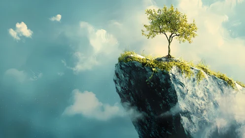 Solitary tree on rocky formation against sky.