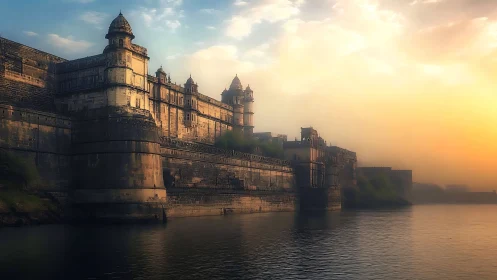 Sunlit riverside fortress rendered in atmospheric digital realism