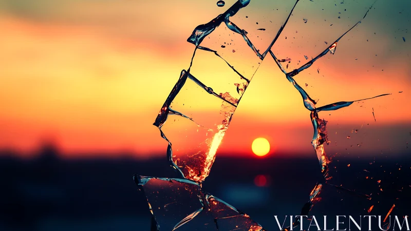 Broken glass framing a vivid orange and teal sunset.
