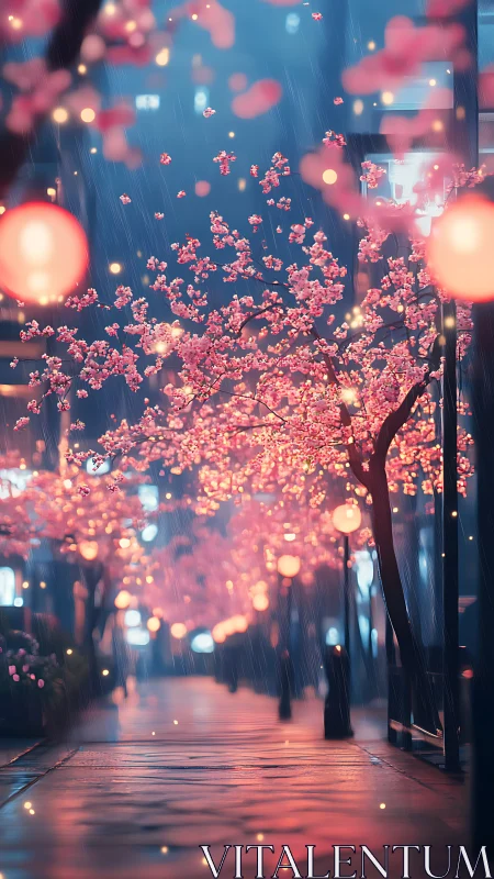 Cherry blossoms hum softly through neon rainlit midnight