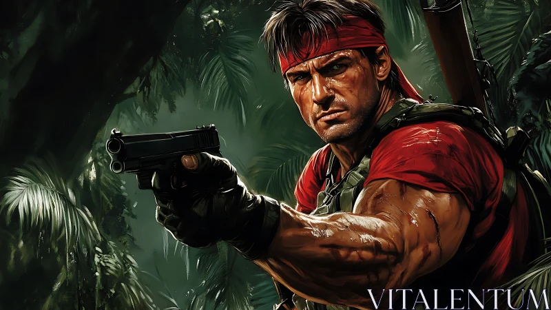 Battle hardened soldier aiming pistol in dense jungle.