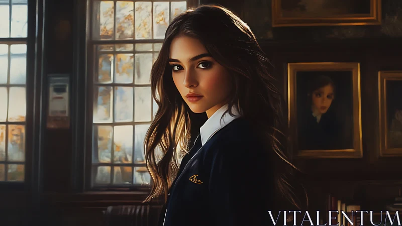 Student portrait glows in moody autumn library light.