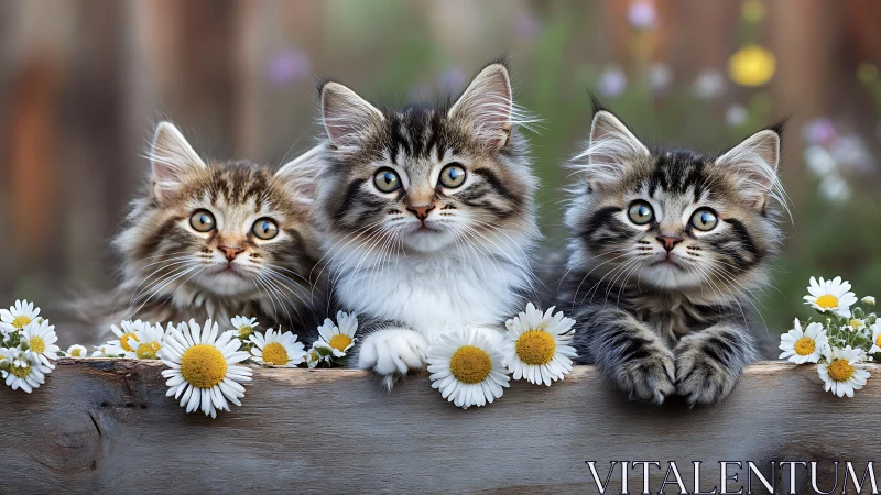Three Fluffy Tabby Kittens Among White Daisies.