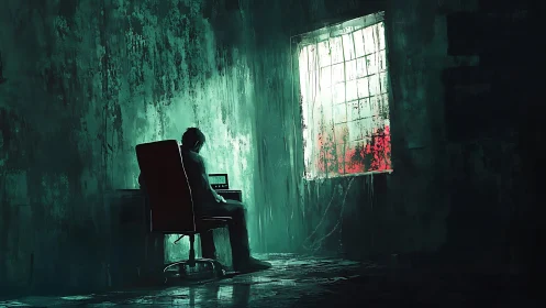 Solitary coder in a neon-drenched, decaying green room.