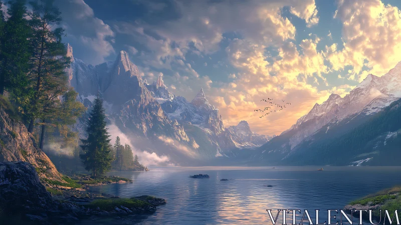 Dramatic mountain lake landscape under glowing sky.