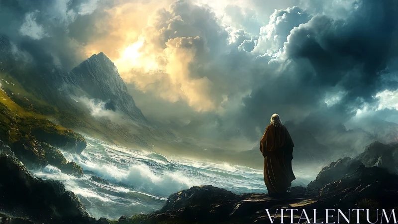 Storm-lashed littoral with robed observer under radiant breach.