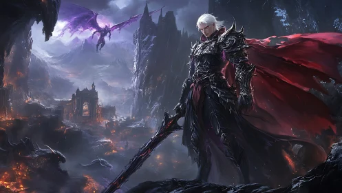 Dark armored warrior in ruined volcanic fantasy landscape.