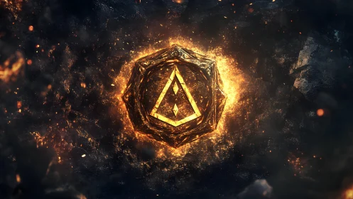Glowing Geometric Symbol in Fiery Abstract Digital Art Style.