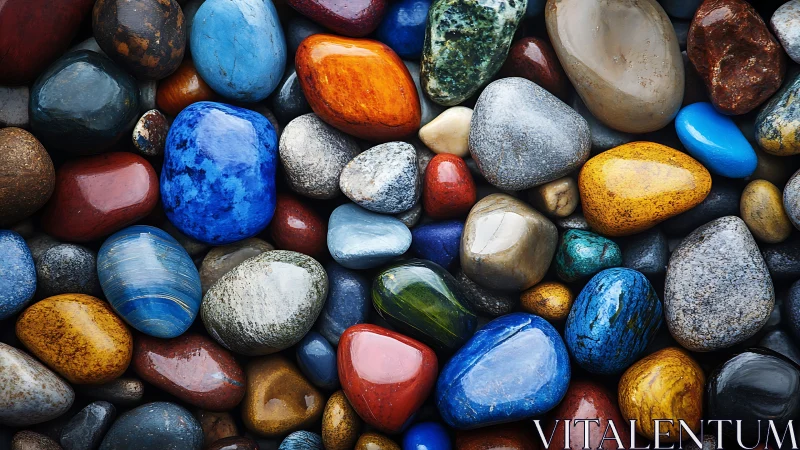 Polished multicolored river stones forming tight mosaic.