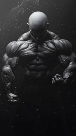 Bald hypermuscular warrior stands under harsh rim light.