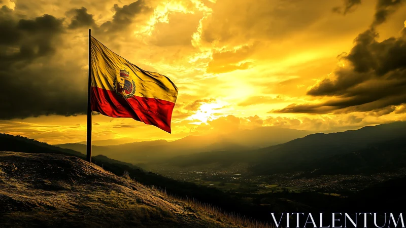 Golden sunset sky welcomes a proud flag on the hillside