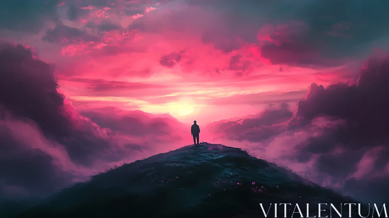 Backlit silhouette observes high-saturation magenta atmospheric sunset