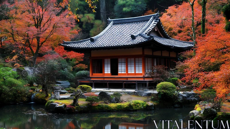Japanese garden pavilion amid vivid autumn foliage reflections.