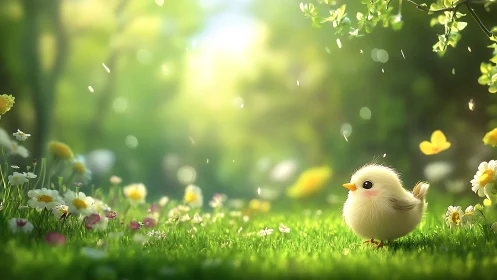 Fluffy spring chick glows in a dreamy sunlit meadow