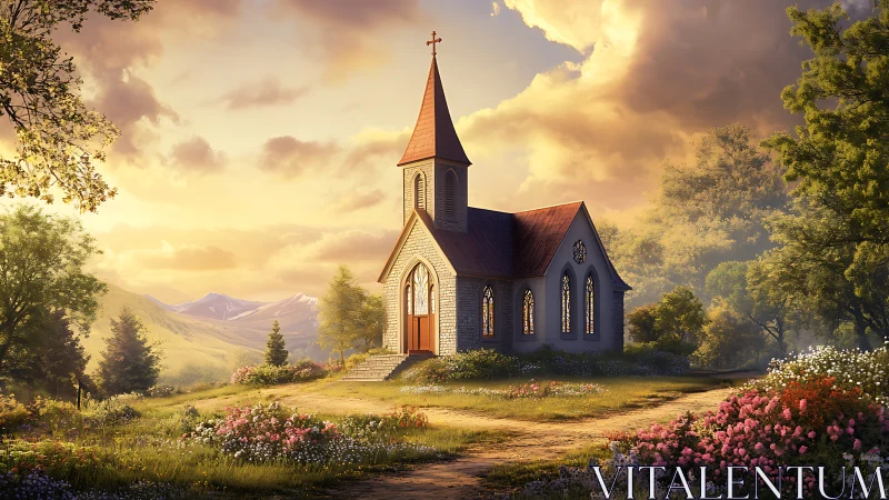 Sunlit country chapel stands amid florid alpine meadow at dusk