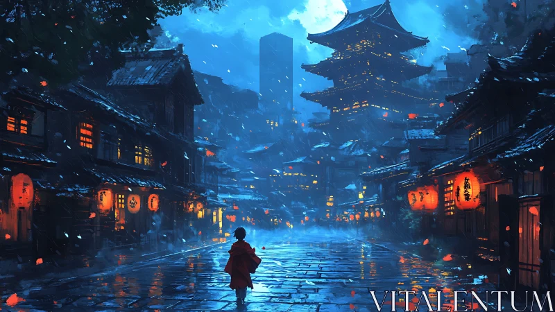 Child in red crossing rainy lantern street under temple moon