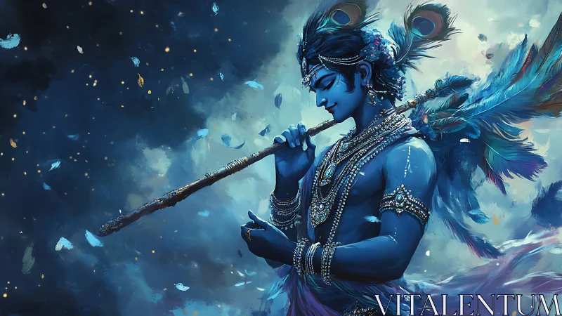 Chromatic deity portrait with flute, feathers, and nebular drift.