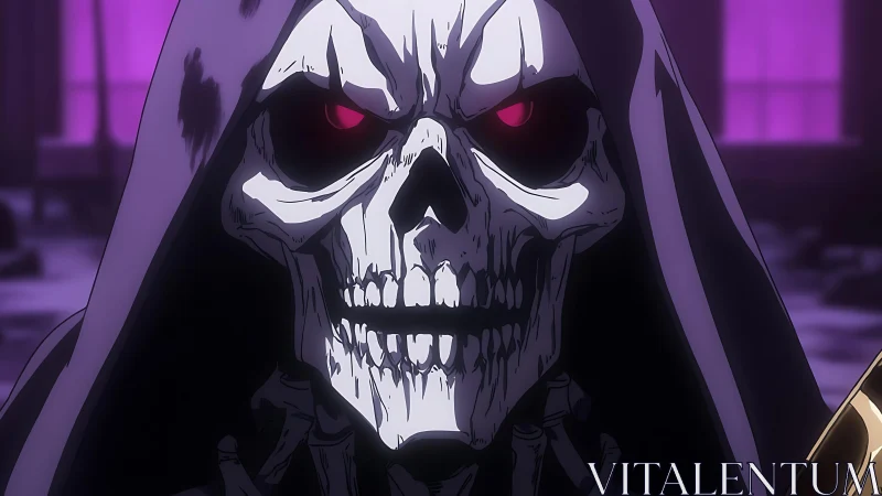 Hooded skeletal sorcerer with glowing red eyes close up.