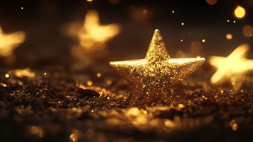 Glittering golden star macro on bokeh-lit textured ground.