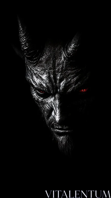Shadowed horned figure with piercing red eyes in darkness.