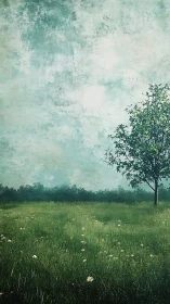 Single tree stands on grassy meadow under textured sky
