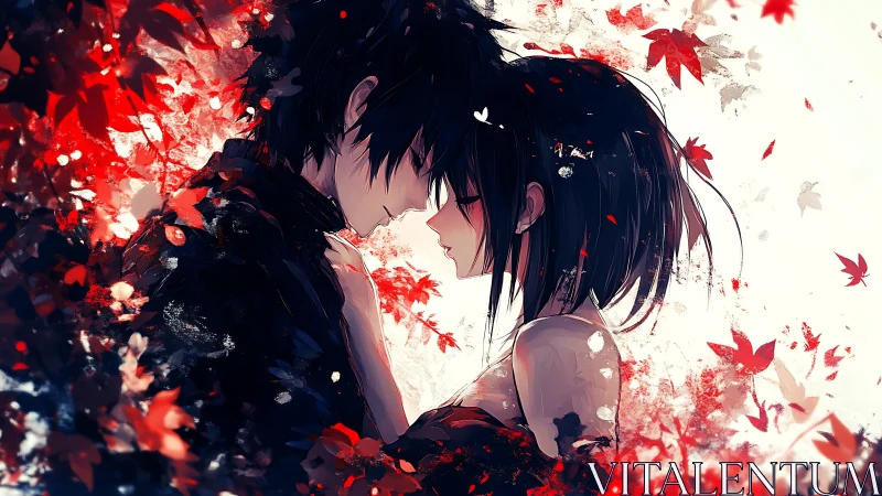 Anime couple in red maple leaf halo, intimate portrait style.