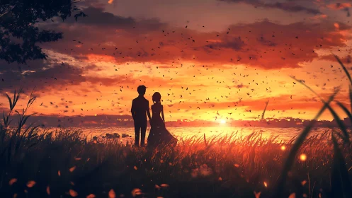 Silhouetted pair in grassland observing sunset over water.