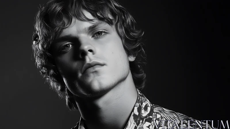 Monochrome male portrait with high-contrast studio lighting.