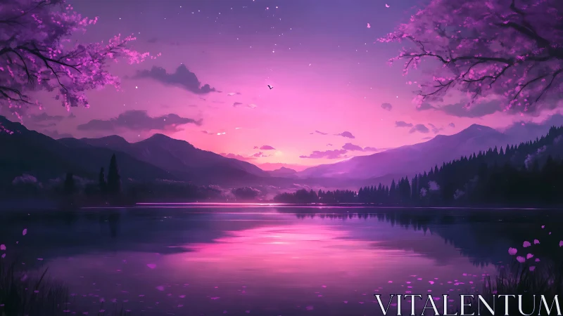Pink twilight lake with mountains and cherry blossoms.