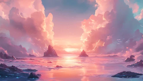 Radiant pastel seascape with volumetric clouds and backlit islets