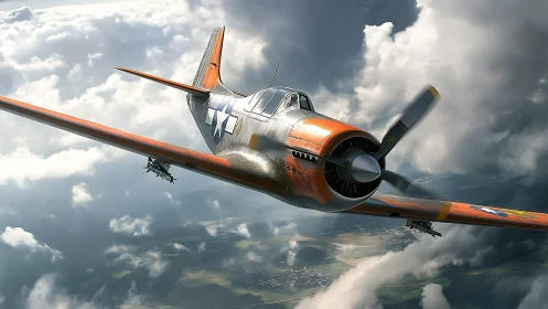 WWII fighter plane cuts through dense storm clouds at speed