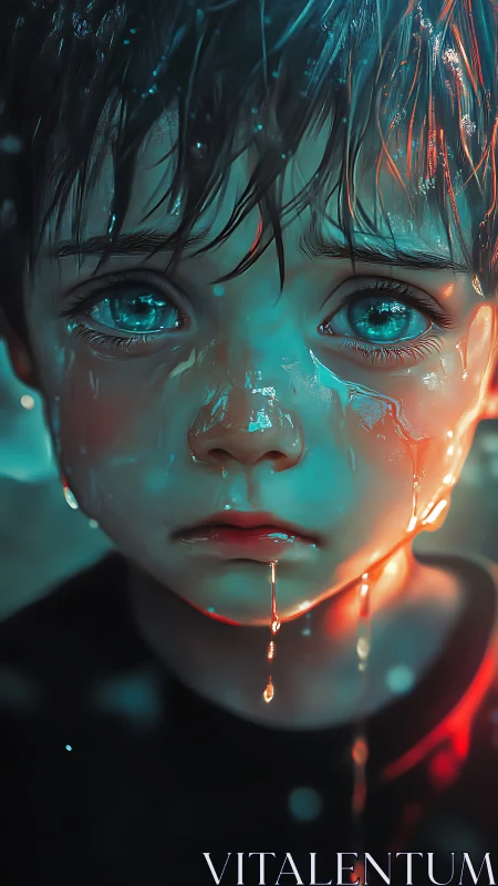 Crying child portrait under teal and orange rain light.