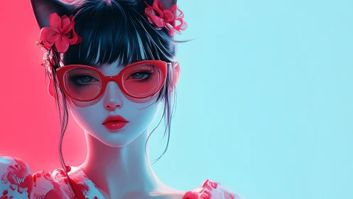 Neon-lit cat girl poses in bold red glasses and florals.