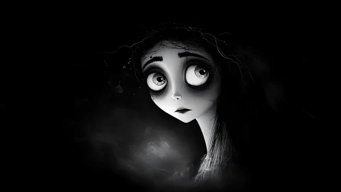 Haunted-eyed gothic girl in stark monochrome void.