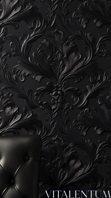 Monochrome baroque wall relief with tufted leather accent chair.