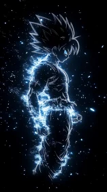Energetic anime warrior silhouette outlined in blue plasma glow