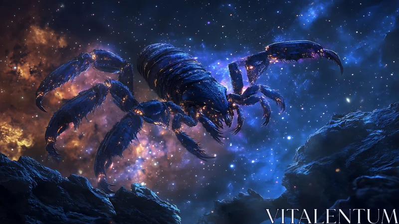 Cosmic scorpion creature crossing glowing starfield sky.
