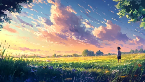 Luminous meadow panorama with anime child under kinetic sky.