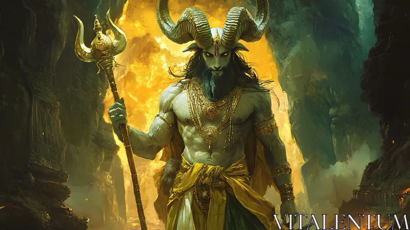 Horned abyssal warlord strides from molten twilight.