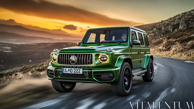 Green Mercedes SUV charges along a winding road at sunset