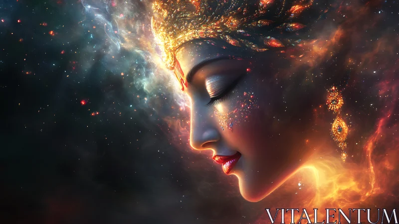 Starlit goddess face drifting softly through cosmic dreams.